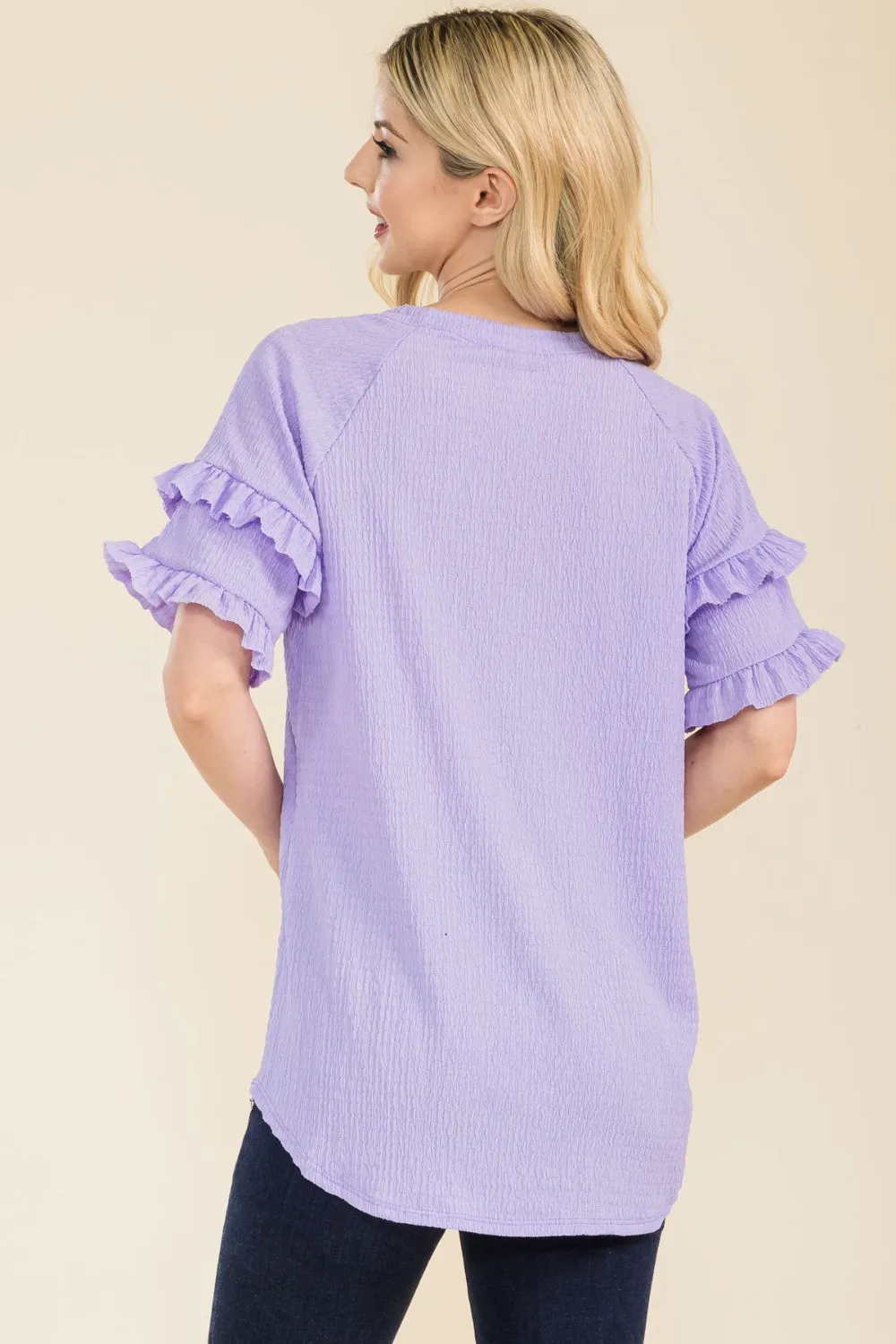 Full Size Ruffle Short Sleeve Texture Top