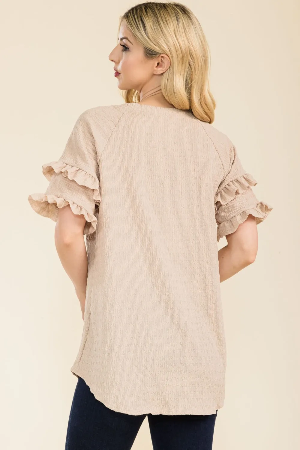 Full Size Ruffle Short Sleeve Texture Top