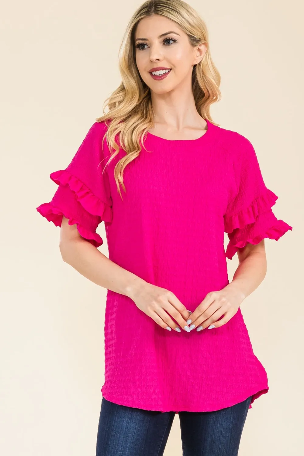 Full Size Ruffle Short Sleeve Texture Top