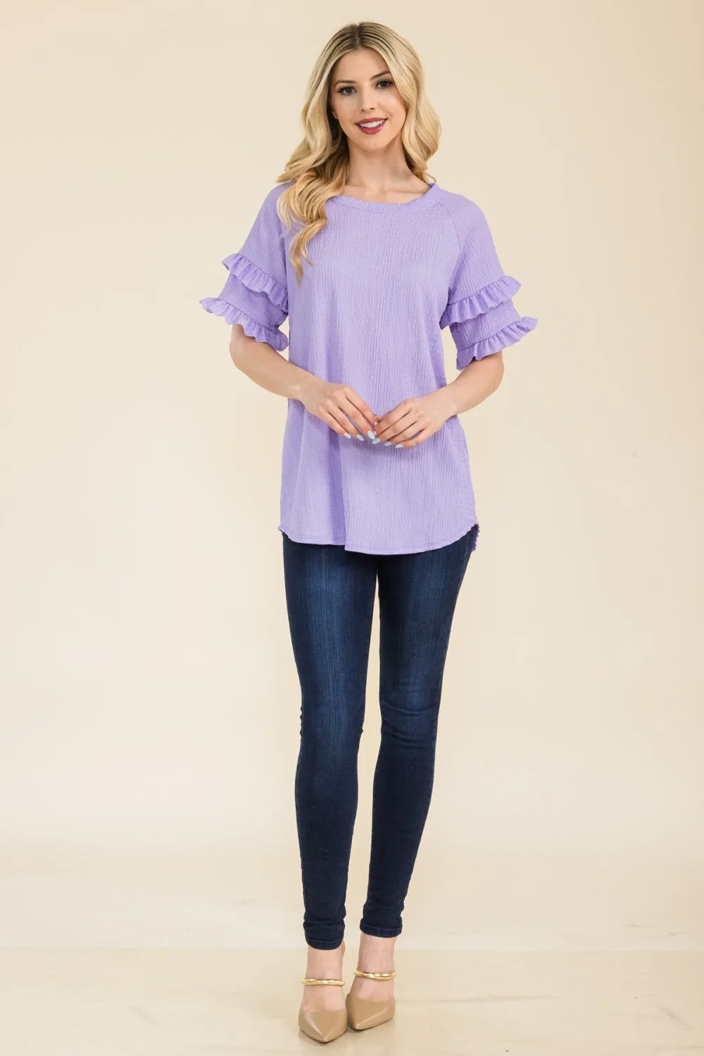 Full Size Ruffle Short Sleeve Texture Top