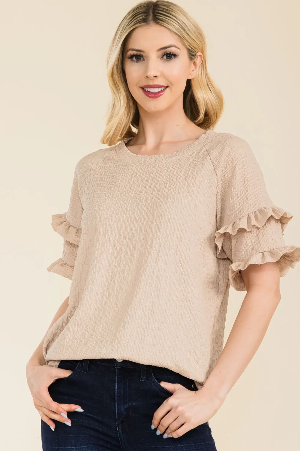 Full Size Ruffle Short Sleeve Texture Top