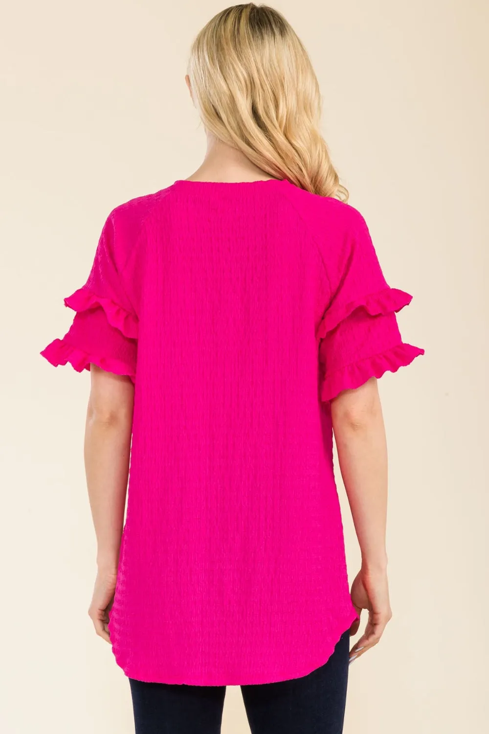 Full Size Ruffle Short Sleeve Texture Top