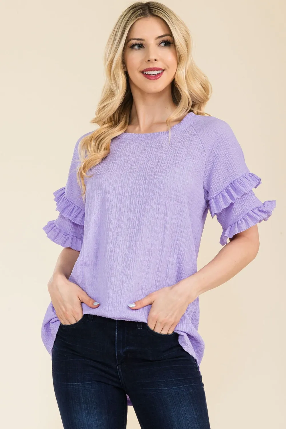 Full Size Ruffle Short Sleeve Texture Top