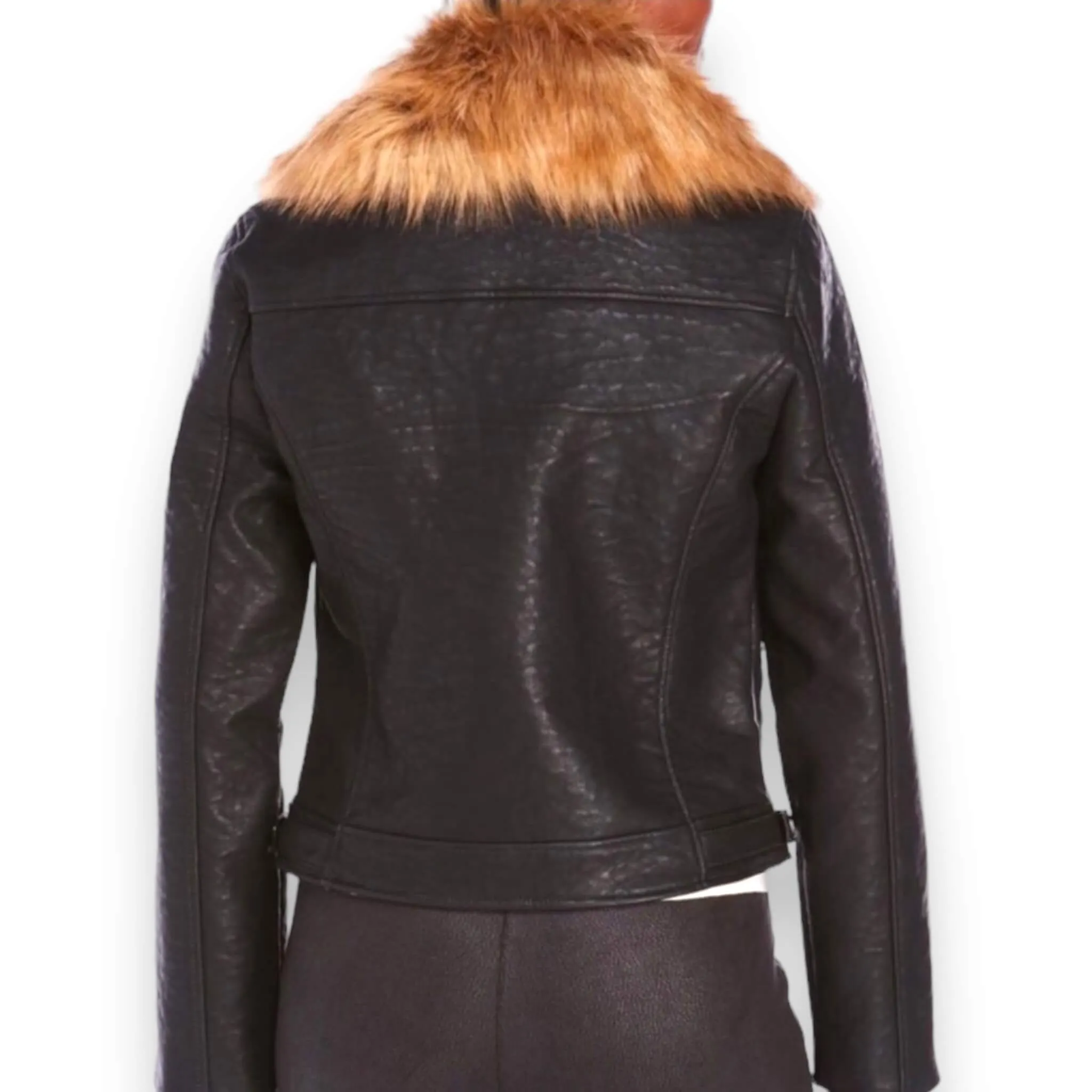 Fur Collar Black Leather Moto Jacket