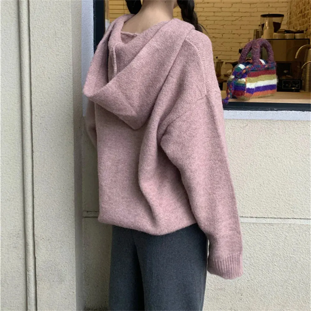 Girlary All Match Hooded Sweaters Women Pink Spring 2023 Chic Loose New OL Sweet Solid Casual Knitted Mujer Pullovers Gentle