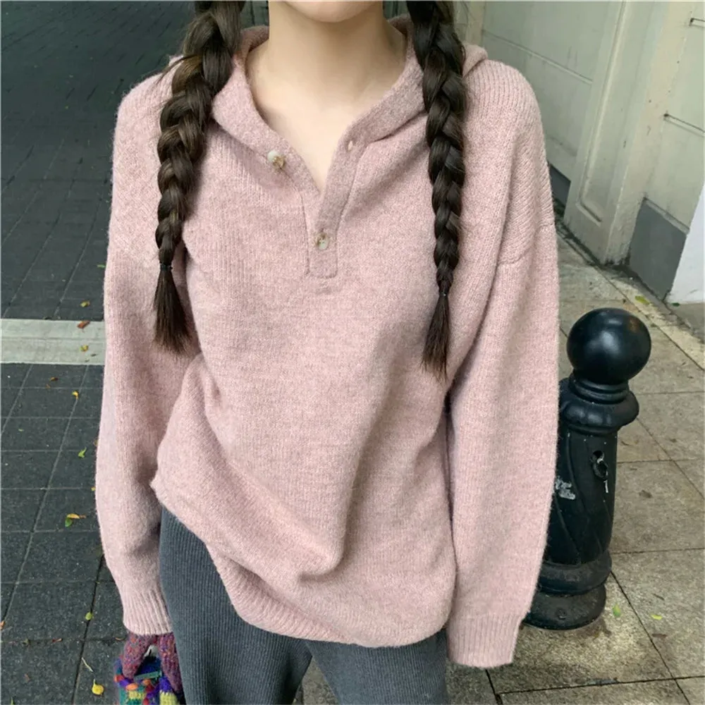 Girlary All Match Hooded Sweaters Women Pink Spring 2023 Chic Loose New OL Sweet Solid Casual Knitted Mujer Pullovers Gentle