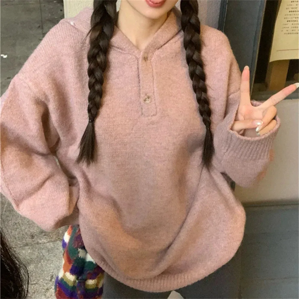 Girlary All Match Hooded Sweaters Women Pink Spring 2023 Chic Loose New OL Sweet Solid Casual Knitted Mujer Pullovers Gentle