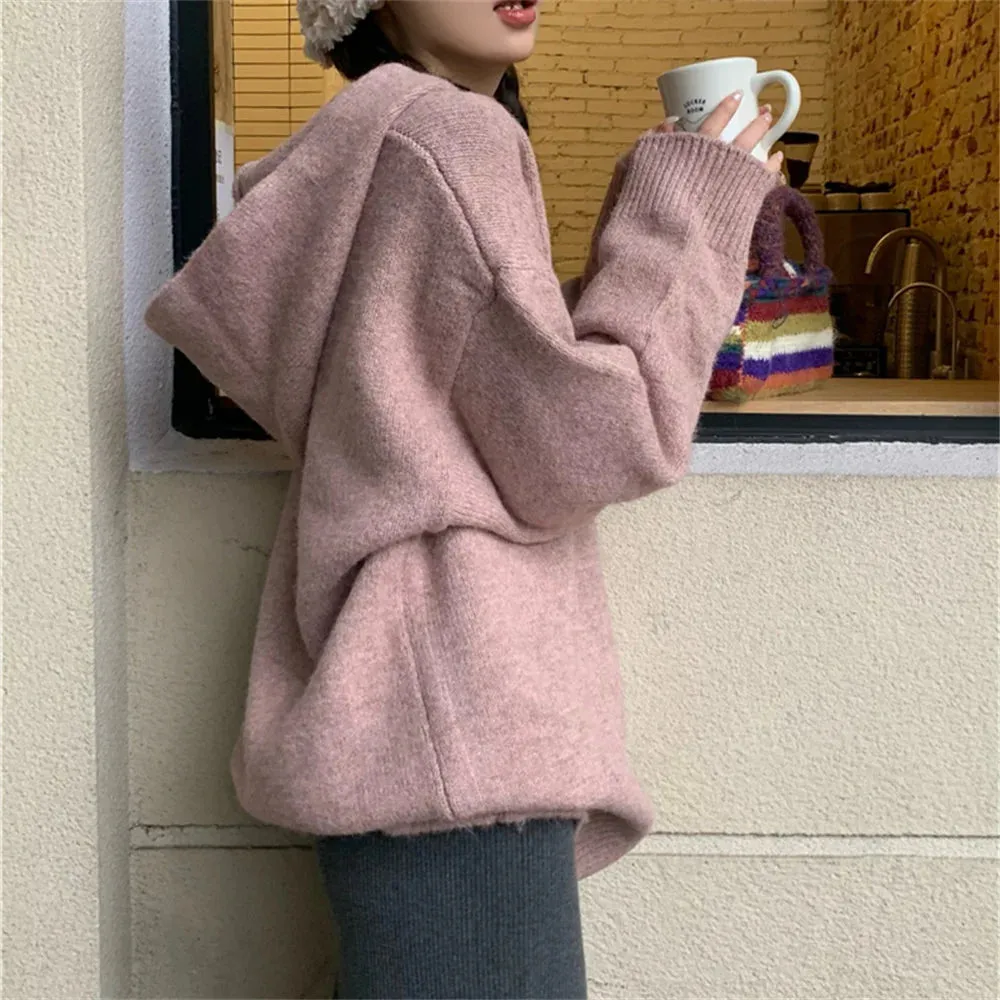 Girlary All Match Hooded Sweaters Women Pink Spring 2023 Chic Loose New OL Sweet Solid Casual Knitted Mujer Pullovers Gentle