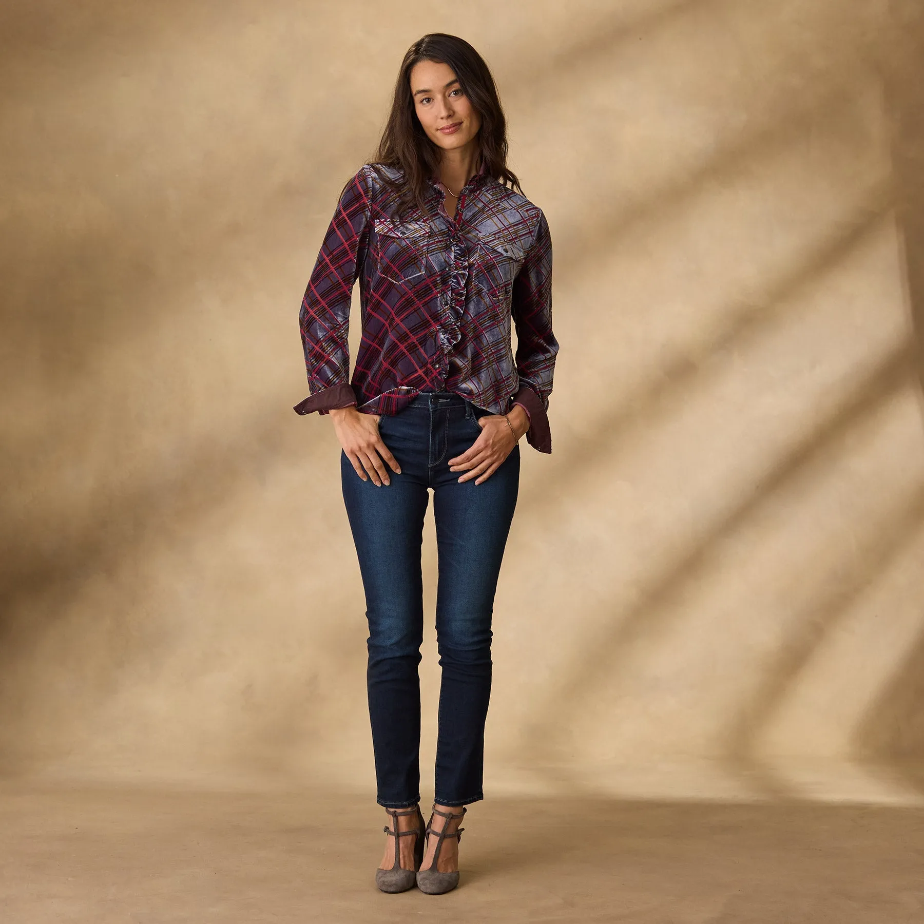 Gretel Plaid Velvet Shirt, Petite