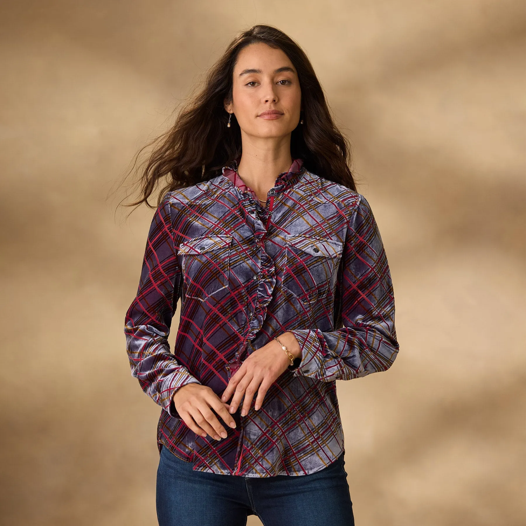 Gretel Plaid Velvet Shirt, Petite