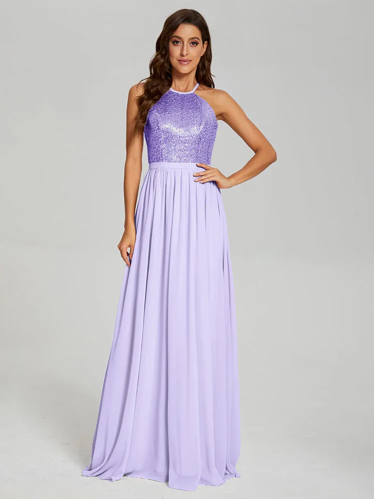 Halter A-Line Sequins Prom Dresses With Split