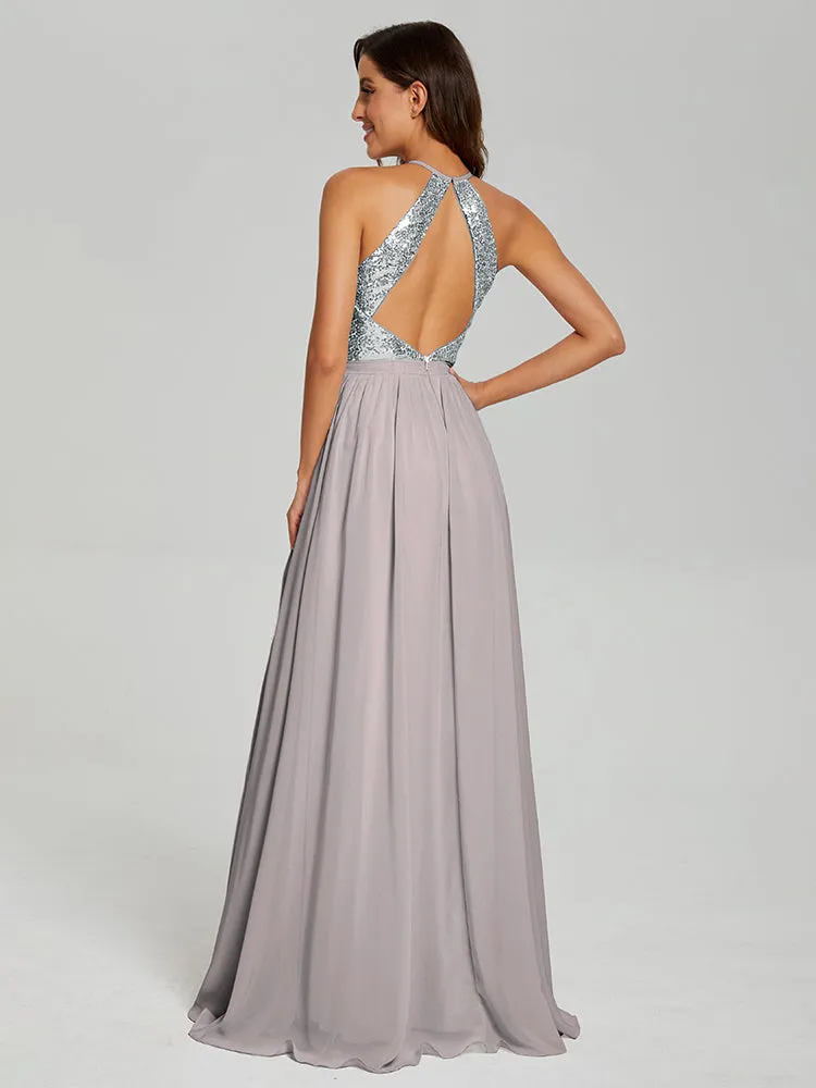 Halter A-Line Sequins Prom Dresses With Split