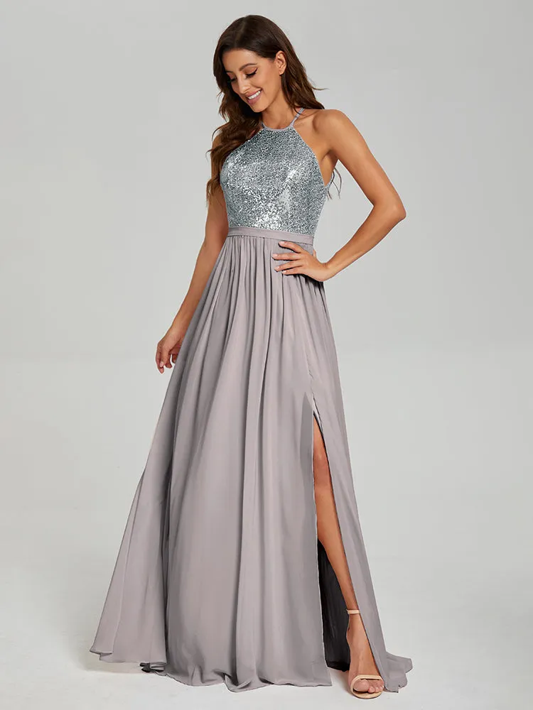 Halter A-Line Sequins Prom Dresses With Split