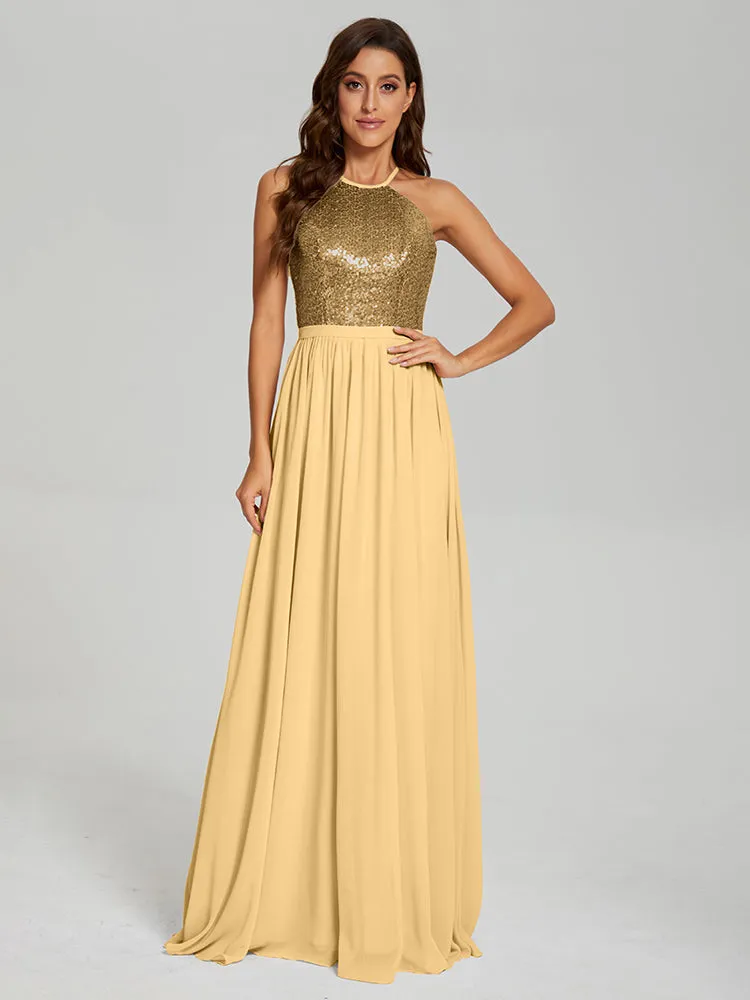 Halter A-Line Sequins Prom Dresses With Split