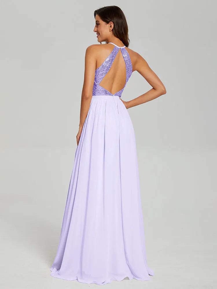 Halter A-Line Sequins Prom Dresses With Split