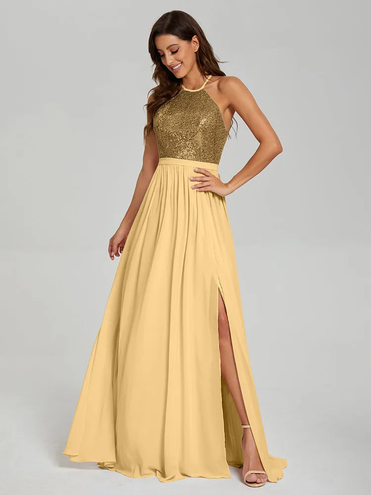 Halter A-Line Sequins Prom Dresses With Split