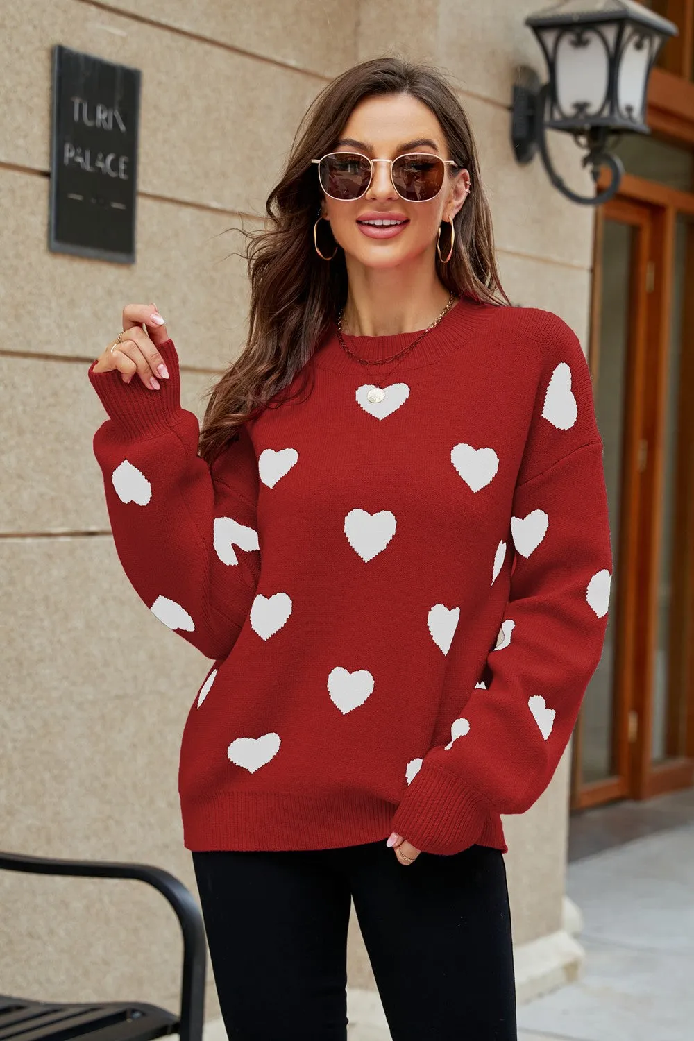 Heart Pattern Lantern Sleeve Round Neck Tunic Sweater