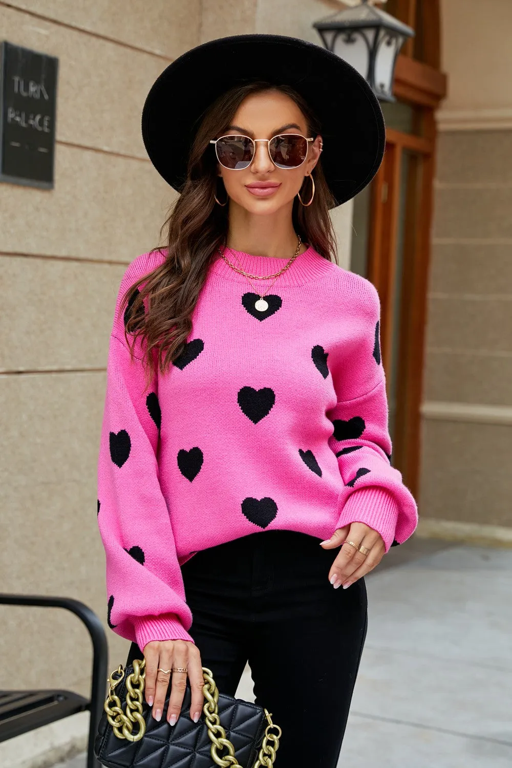 Heart Pattern Lantern Sleeve Round Neck Tunic Sweater