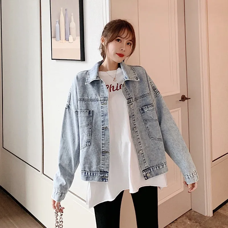 Hip-hop denim short jacket women 2020 autumn and winter new patch net red street style loose long-sleeved denim jacket retro