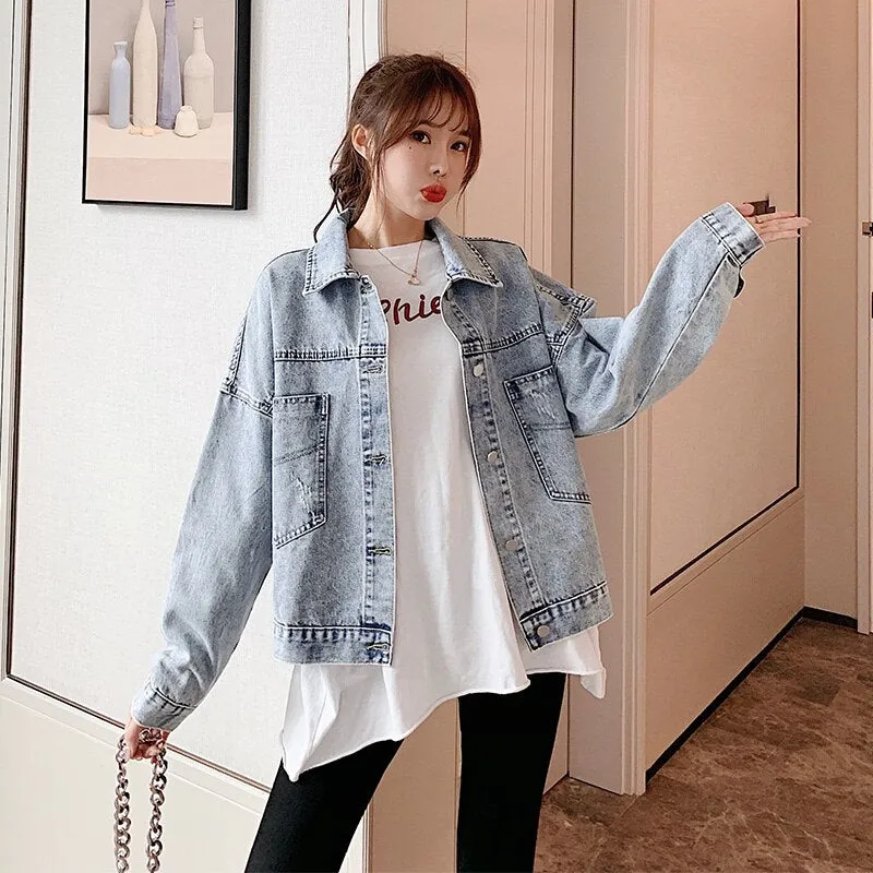 Hip-hop denim short jacket women 2020 autumn and winter new patch net red street style loose long-sleeved denim jacket retro