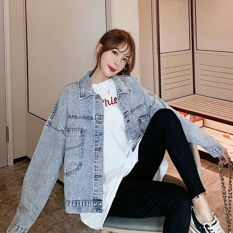 Hip-hop denim short jacket women 2020 autumn and winter new patch net red street style loose long-sleeved denim jacket retro