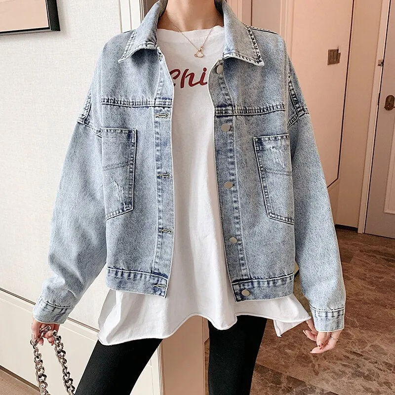 Hip-hop denim short jacket women 2020 autumn and winter new patch net red street style loose long-sleeved denim jacket retro