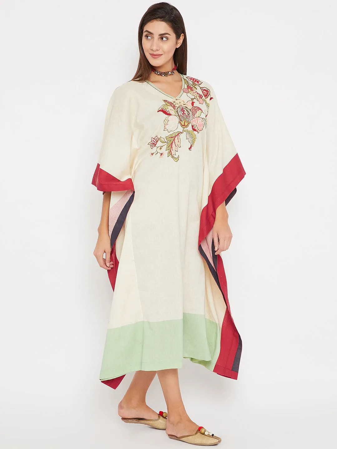 Ivory Elegance Embroidered Kaftan Dress