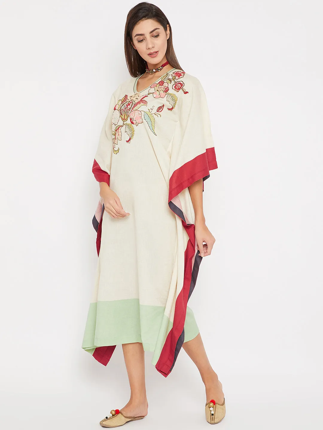 Ivory Elegance Embroidered Kaftan Dress