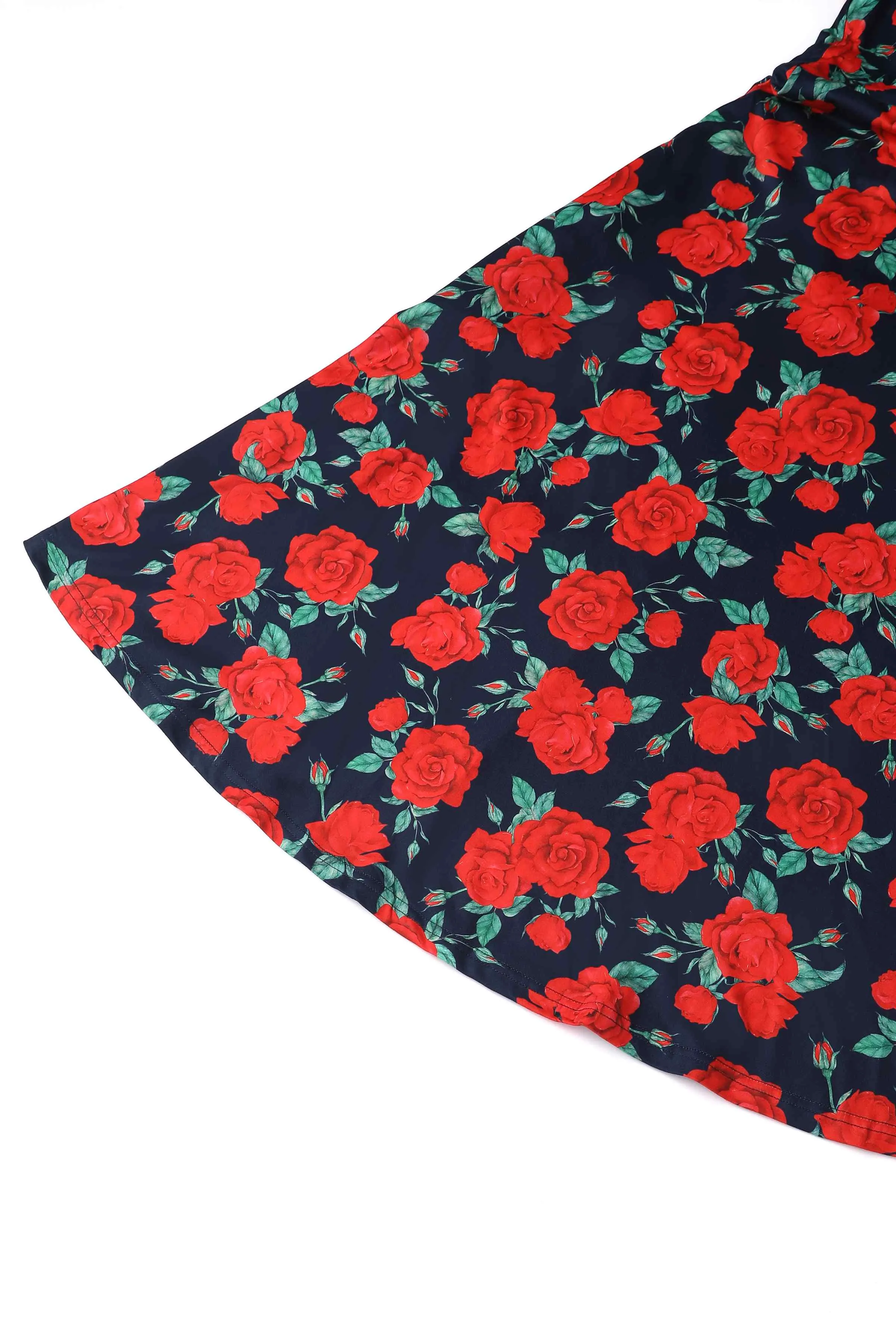 Janice Sleeved Tea Dress in Navy Blue/Red Rose Print