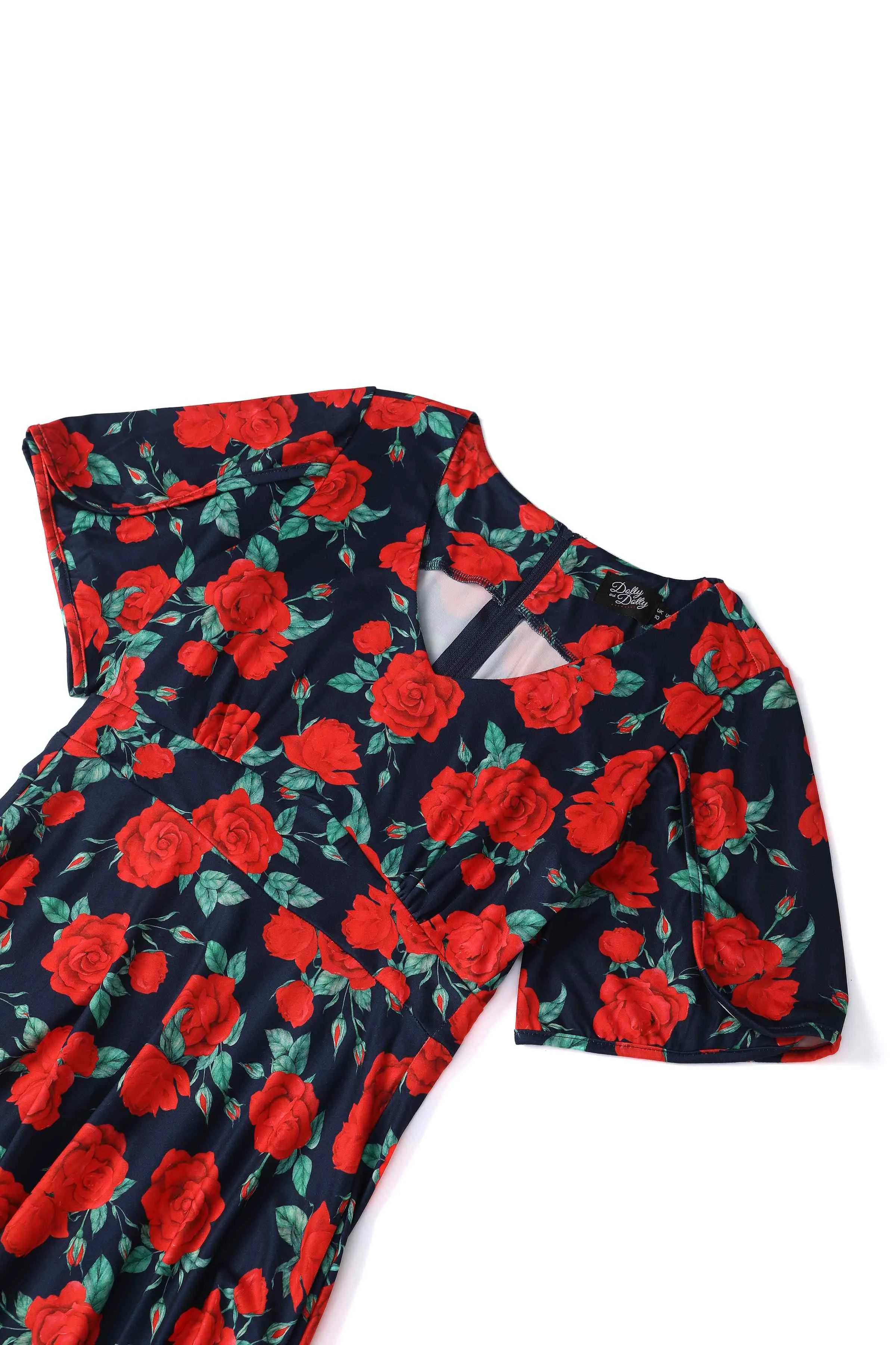 Janice Sleeved Tea Dress in Navy Blue/Red Rose Print