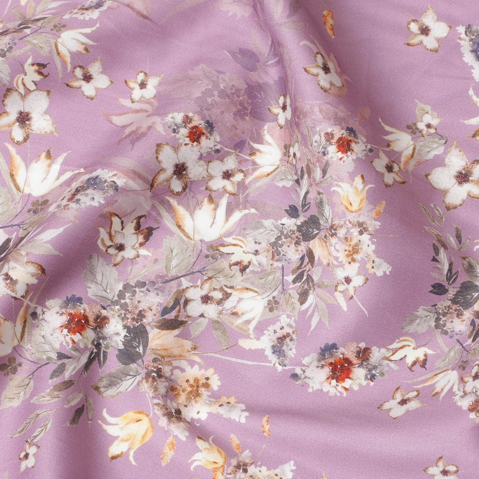 Lavender Dreams Cotton Satin Fabric: Indias Floral Elegance-D17586