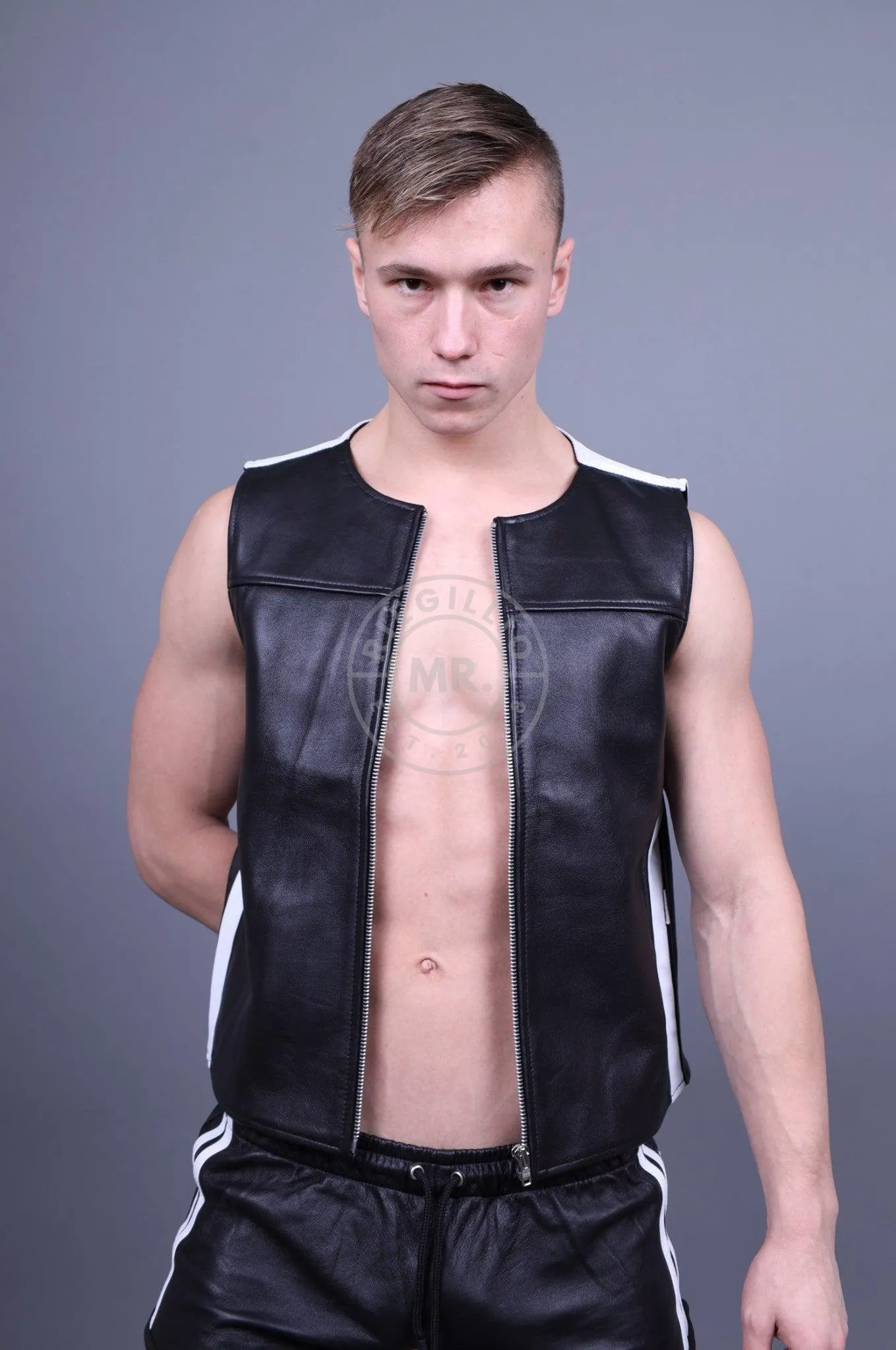 Leather Zipper Vest - White Panels