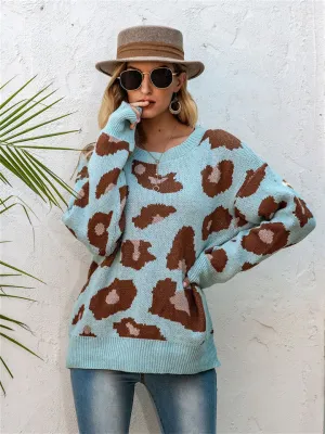 Leopard Round Neck Loose Knit Pullover Sweater