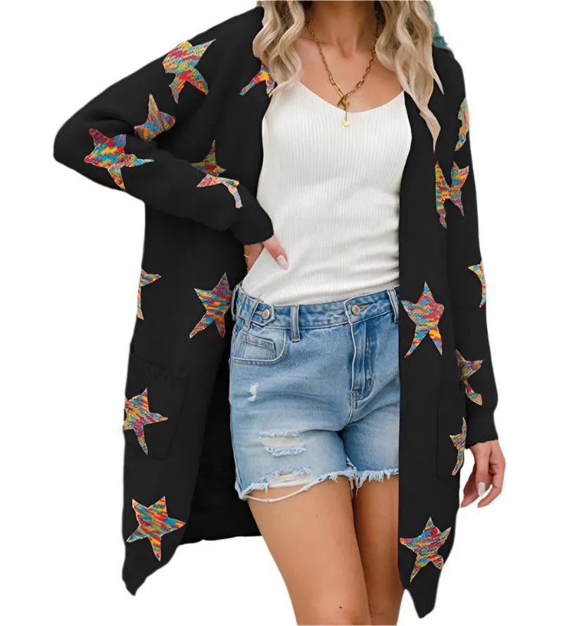 Long Sleeves Mid-Length Five-Pointed Star Knitted Cardigan