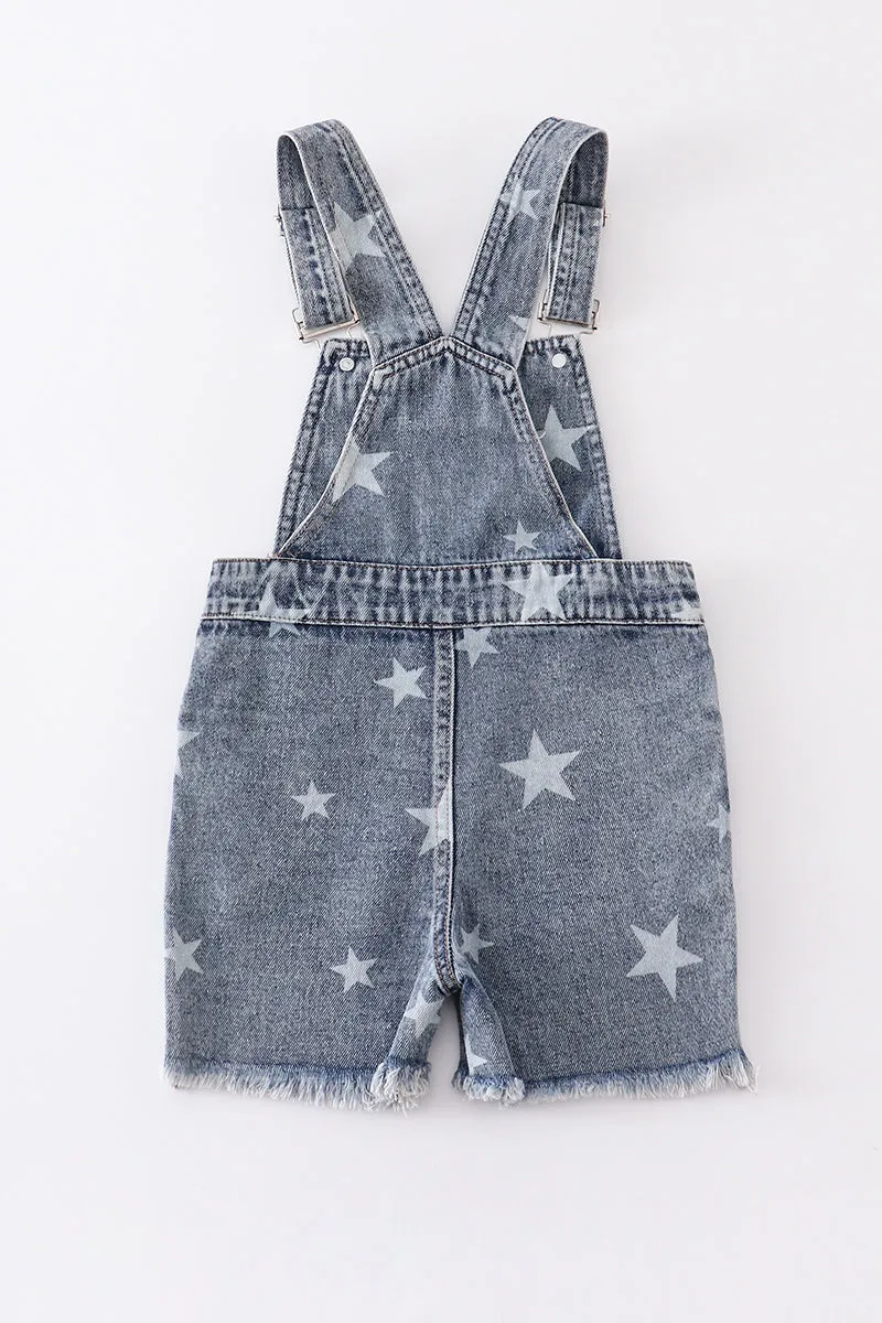 Medium wash blue star print strap denim overall