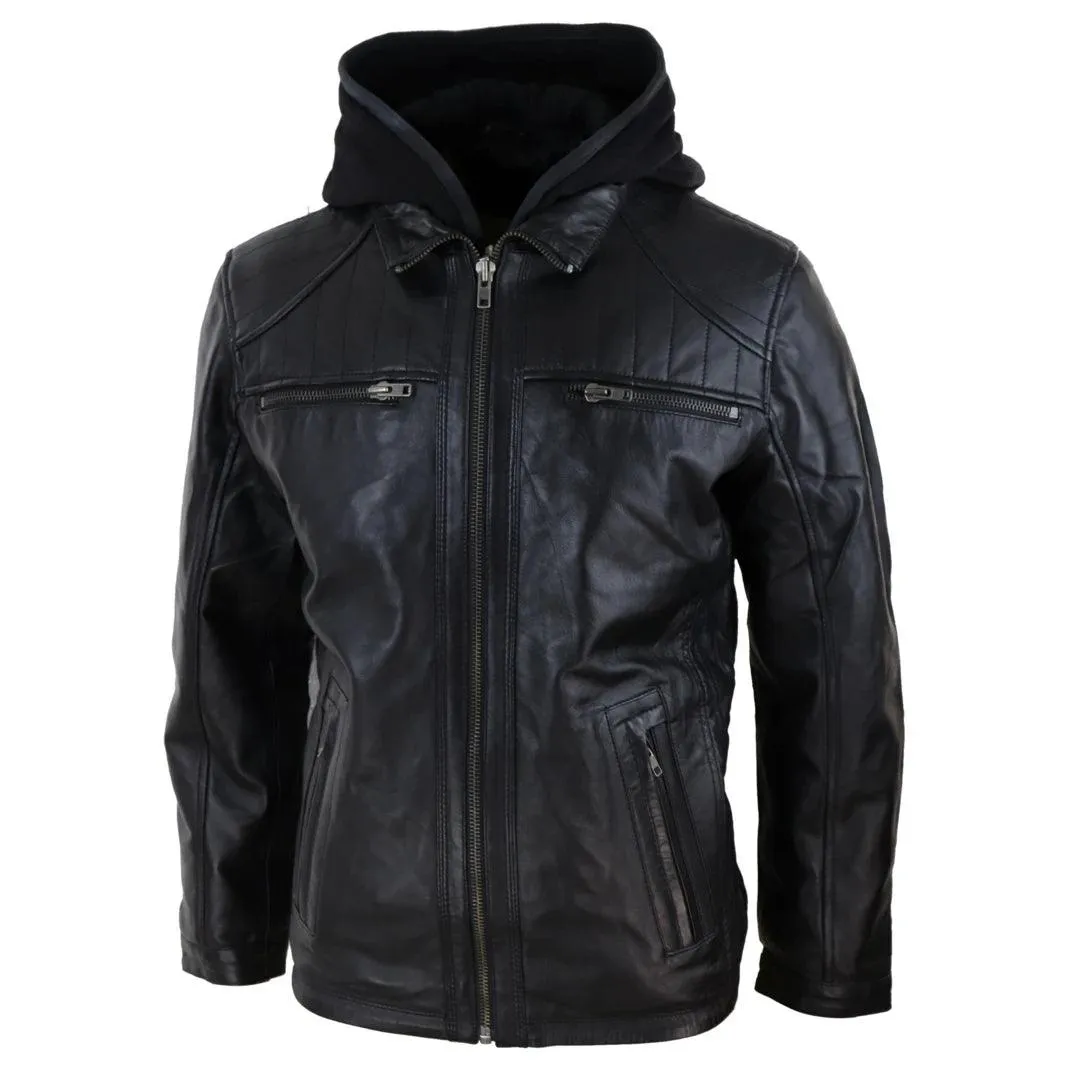 Mens Black Hoodie Real Leather Jacket Casual Removable Hood Zip Napa