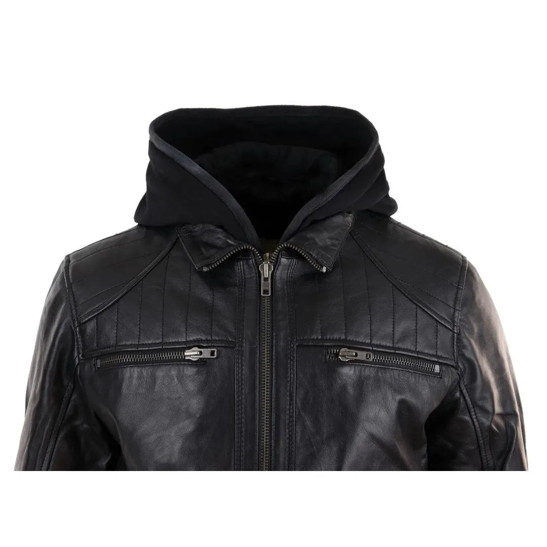 Mens Black Hoodie Real Leather Jacket Casual Removable Hood Zip Napa