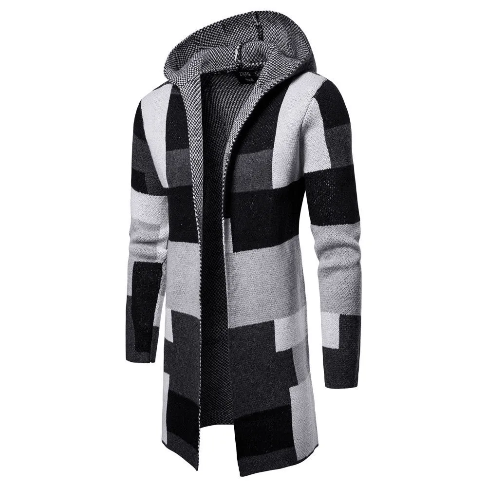 Men's Color Blocking Knitted Hooded Long Coat