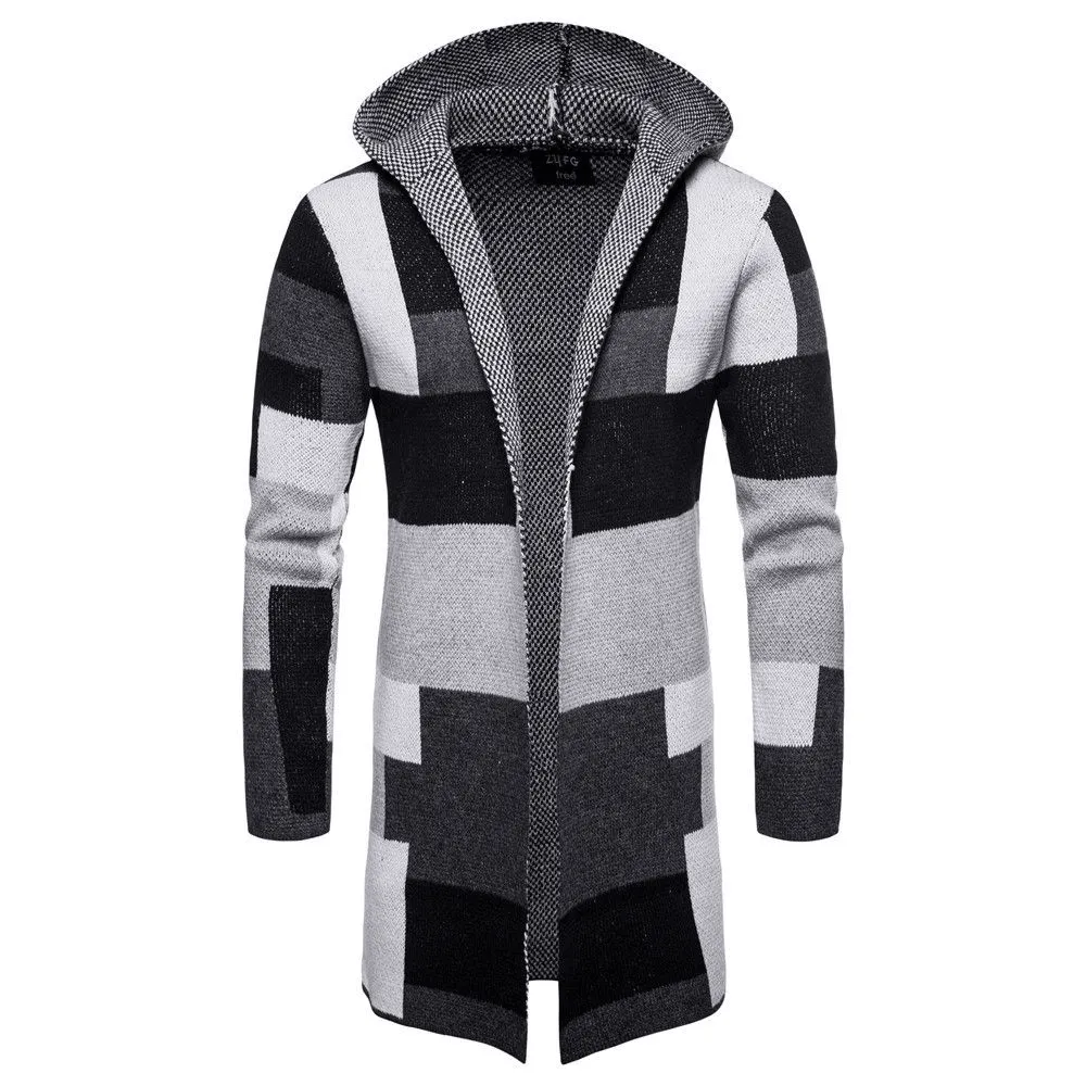 Men's Color Blocking Knitted Hooded Long Coat