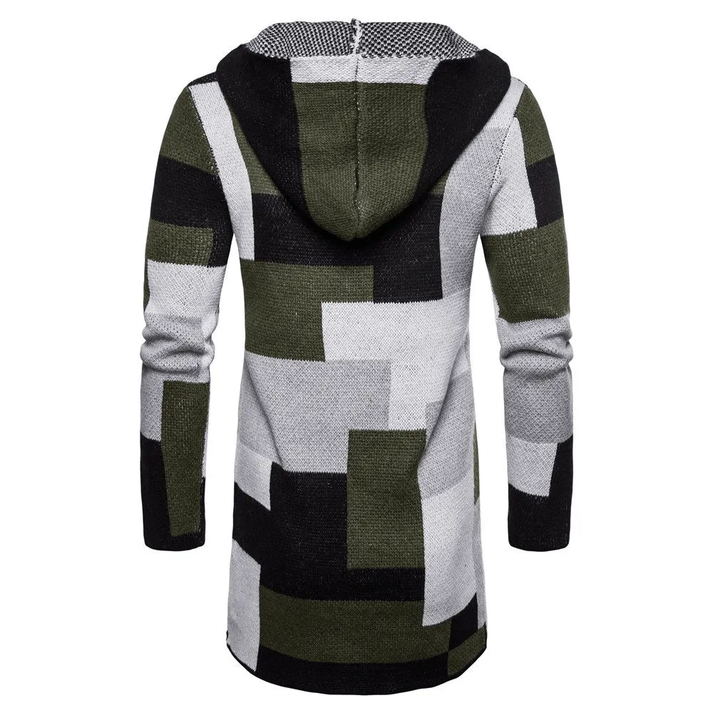 Men's Color Blocking Knitted Hooded Long Coat