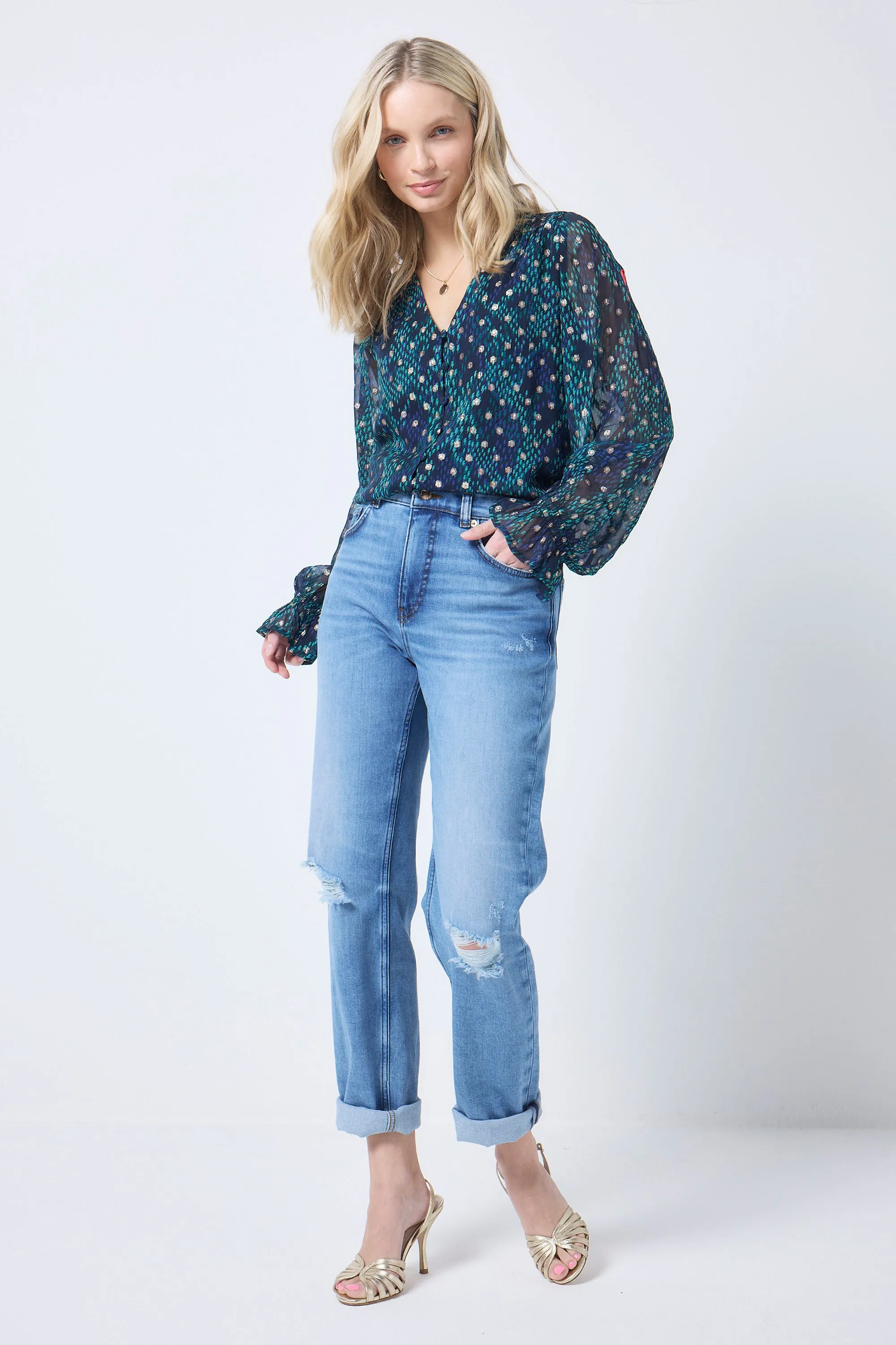 Midnight with Teal Snake Print Foil Blouse