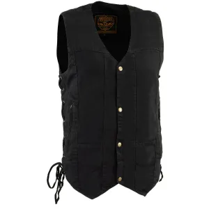 Milwaukee Leather DM1990 Men's Black 10 Pocket Side Lace Denim Vest