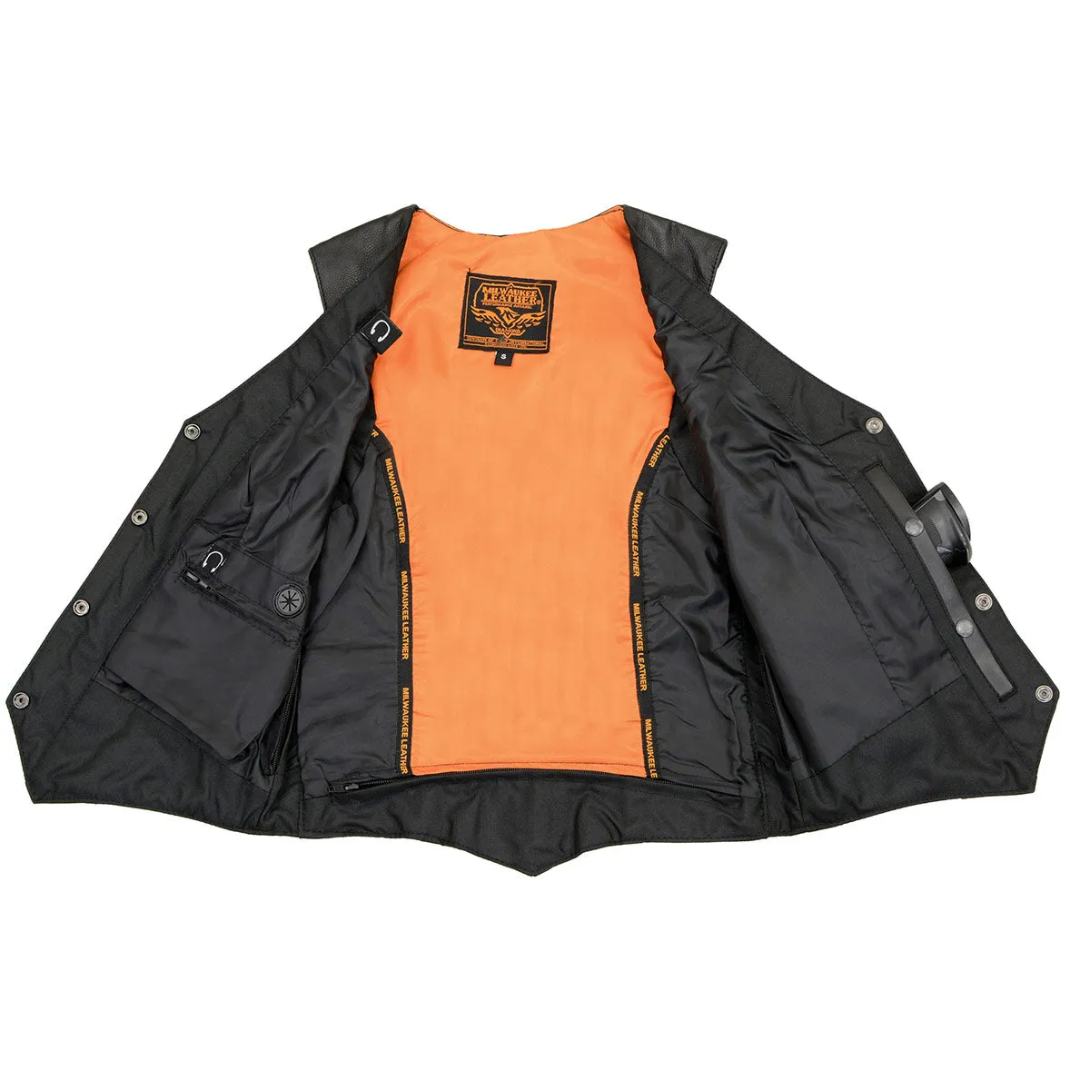 Milwaukee Leather ML1253 Women's Black Naked Leather V-Neck Motorcycle Rider Vest W/ Milwaukee Logo Snaps Closure