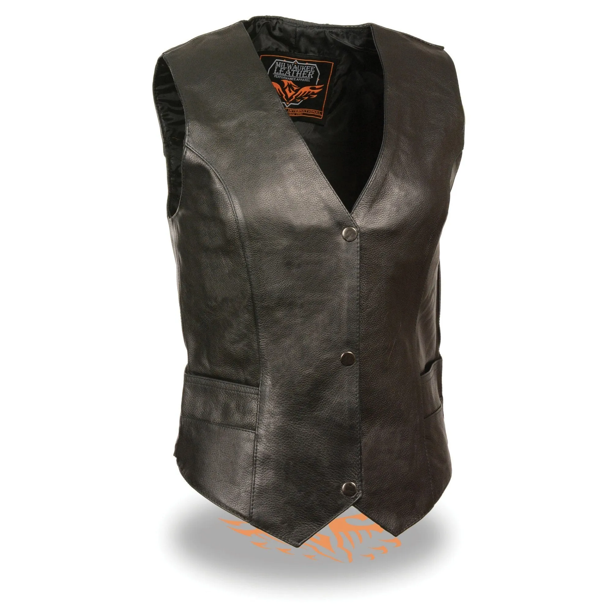 Milwaukee Leather ML1253 Women's Black Naked Leather V-Neck Motorcycle Rider Vest W/ Milwaukee Logo Snaps Closure