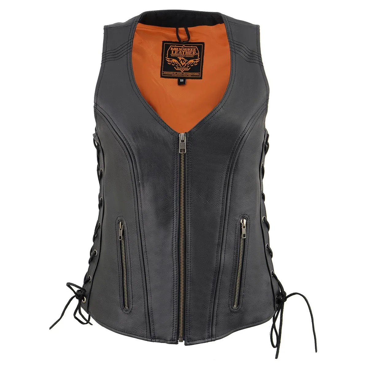 Milwaukee Leather MLL4531 Women's Black Leather Open V-Neck Side Lace Stitching Detail Motorcycle Rider Vest