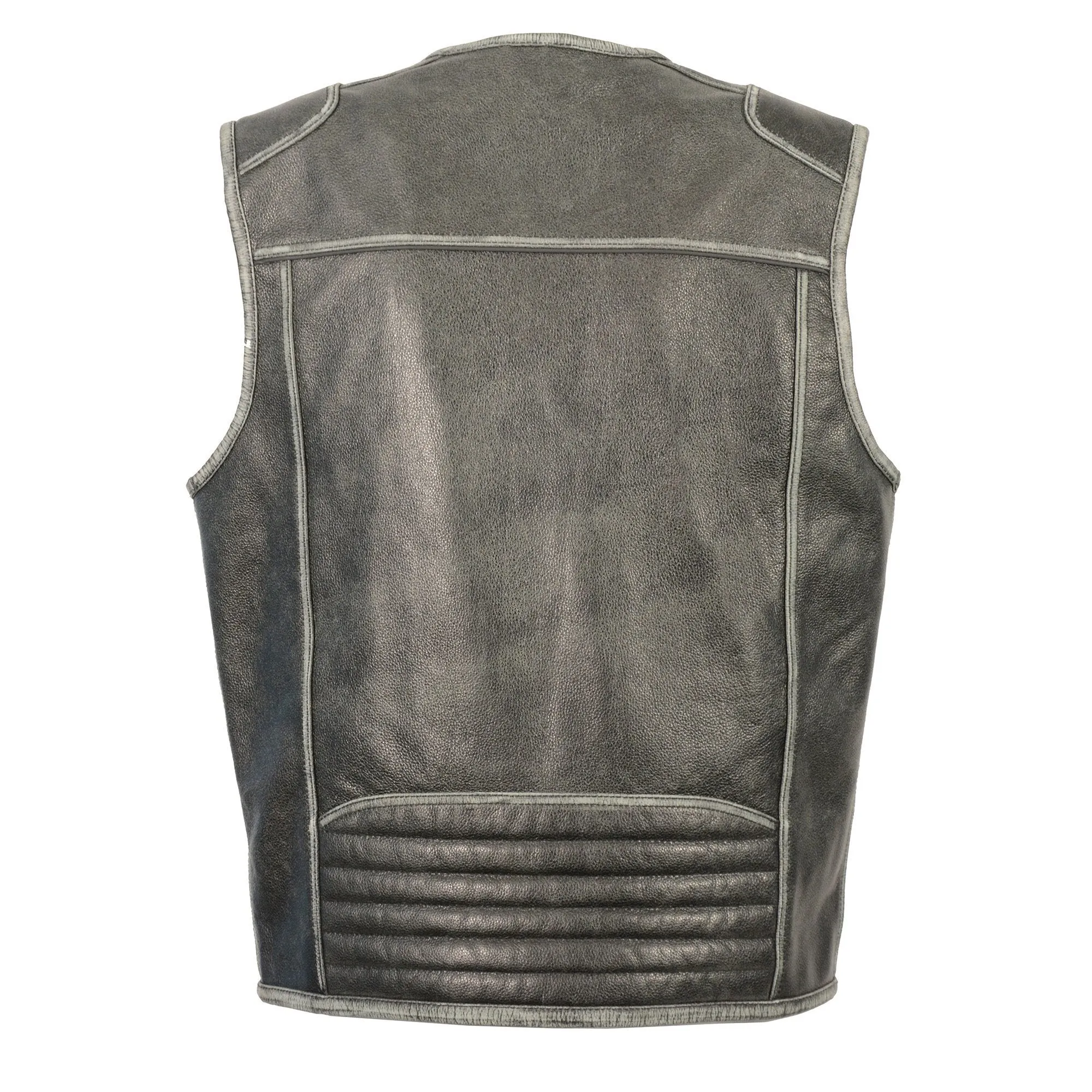 Milwaukee Leather MLM3536 Men's Vintage Leather Vest- Distressed Grey Front Zipper Collarless Motorcycle Rider Vest