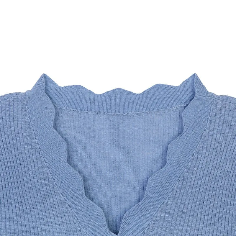 Mist Blue Short Sleeve Knitted Wave Neck T-shirt