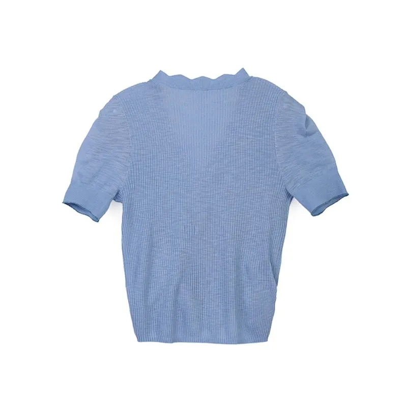 Mist Blue Short Sleeve Knitted Wave Neck T-shirt