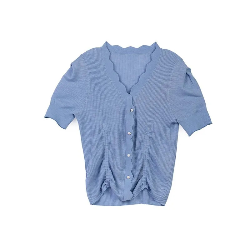 Mist Blue Short Sleeve Knitted Wave Neck T-shirt