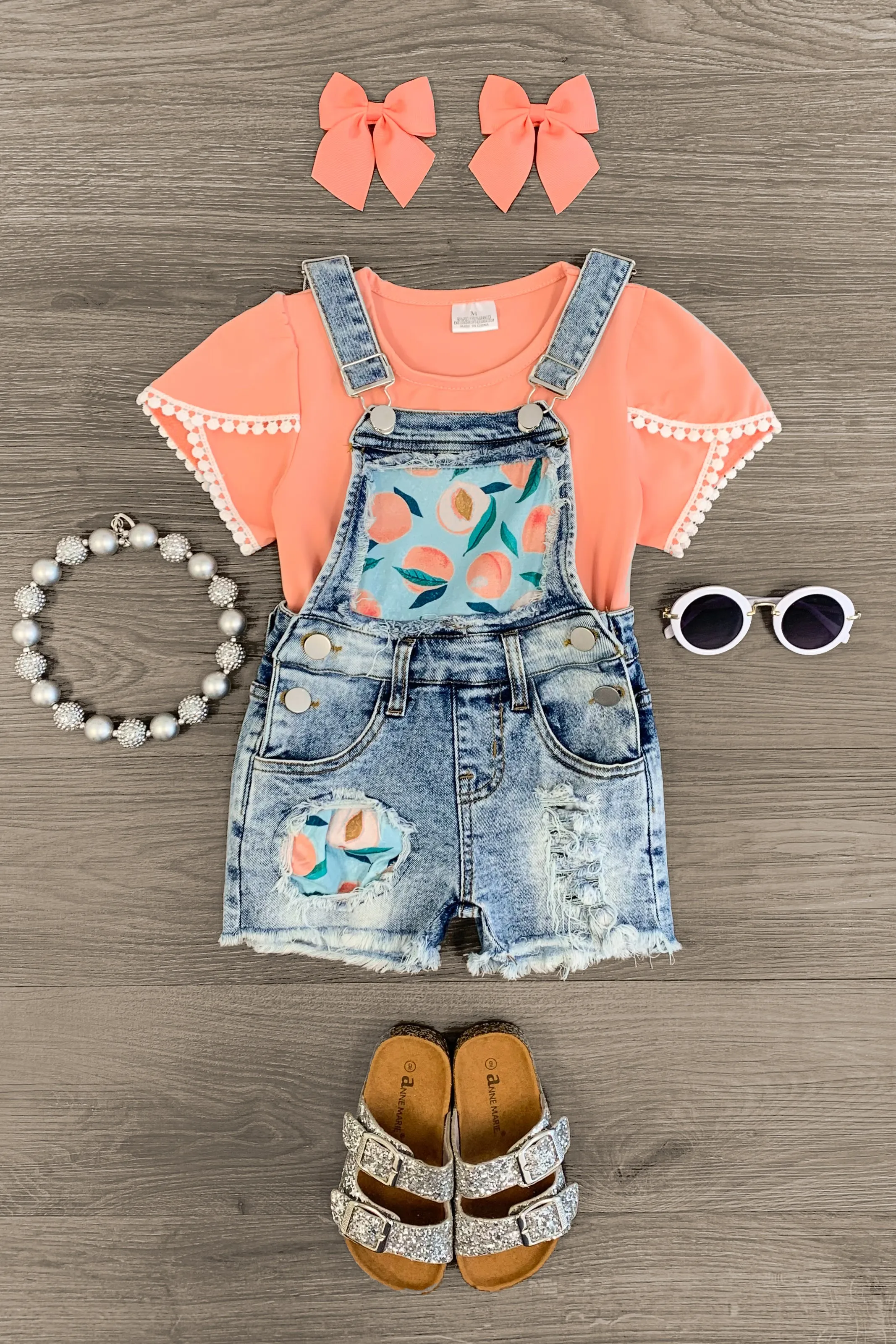 Peach Distressed Denim Overall Short Set